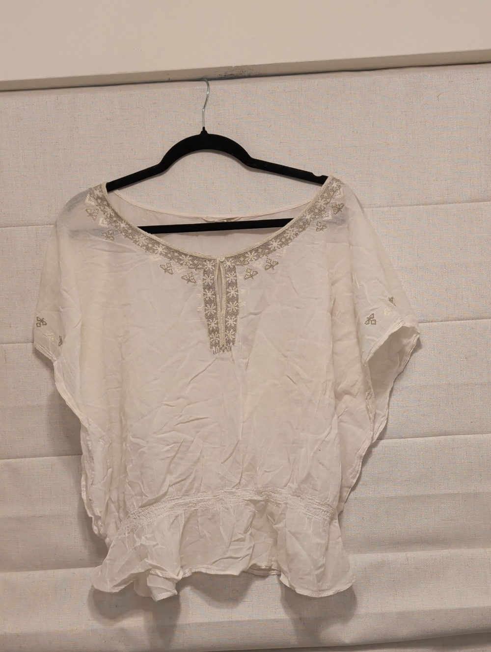 Peasant Style Cream Embroidered Boho Tunic Top